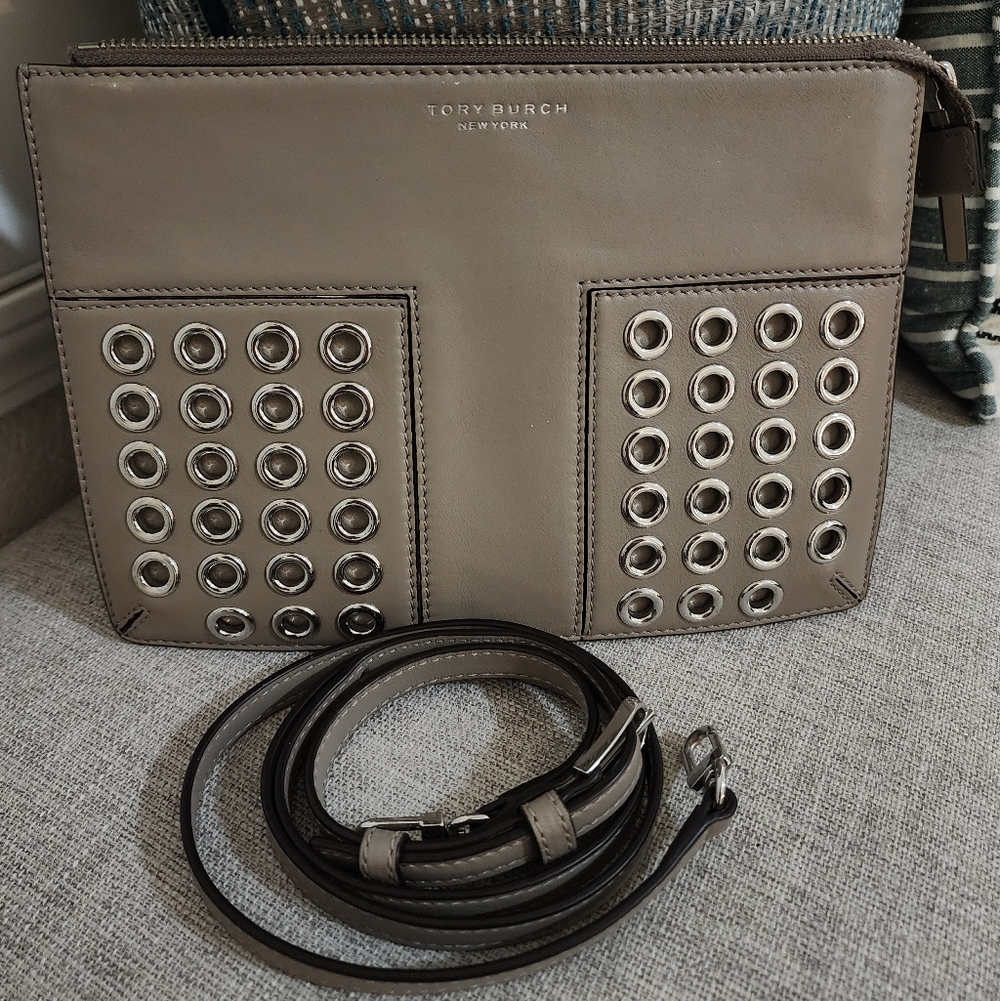 Tory Burch Taupe Leather Eyelet Crossbody Clutch
